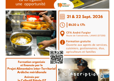 Formation gratuite |  Cuisine durable, qualité du temps de repas & gestion de l&rsquo;eau en restauration collective. La loi EGAlim: une opportunité – 21 & 22 sept en sud Ardèche